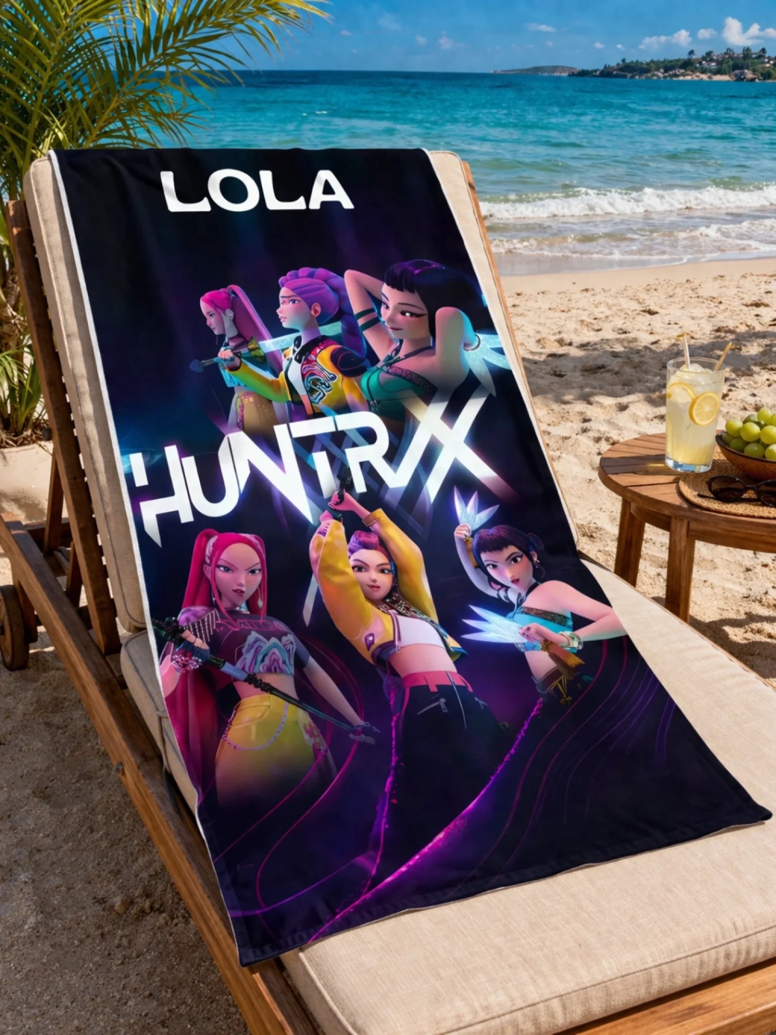 Plage tropicale et serviette futuriste