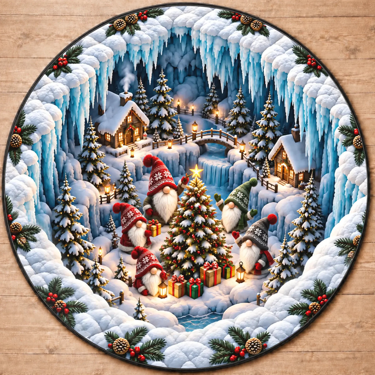 Tapis rond personnalisé Village - Cadeaux de Noël